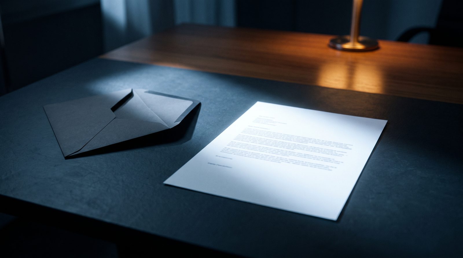 An opened envelope and a single-page letter under hard light on a dark table, the typed text too small to read.