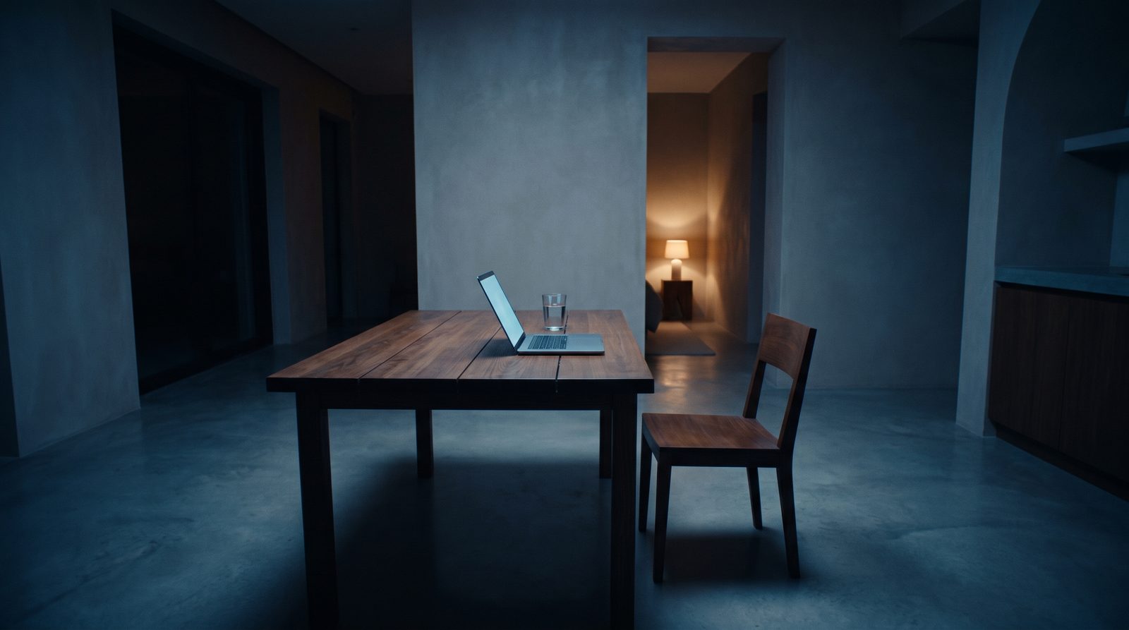 An empty modern dining table at night, a laptop glowing on it and one chair pushed back.