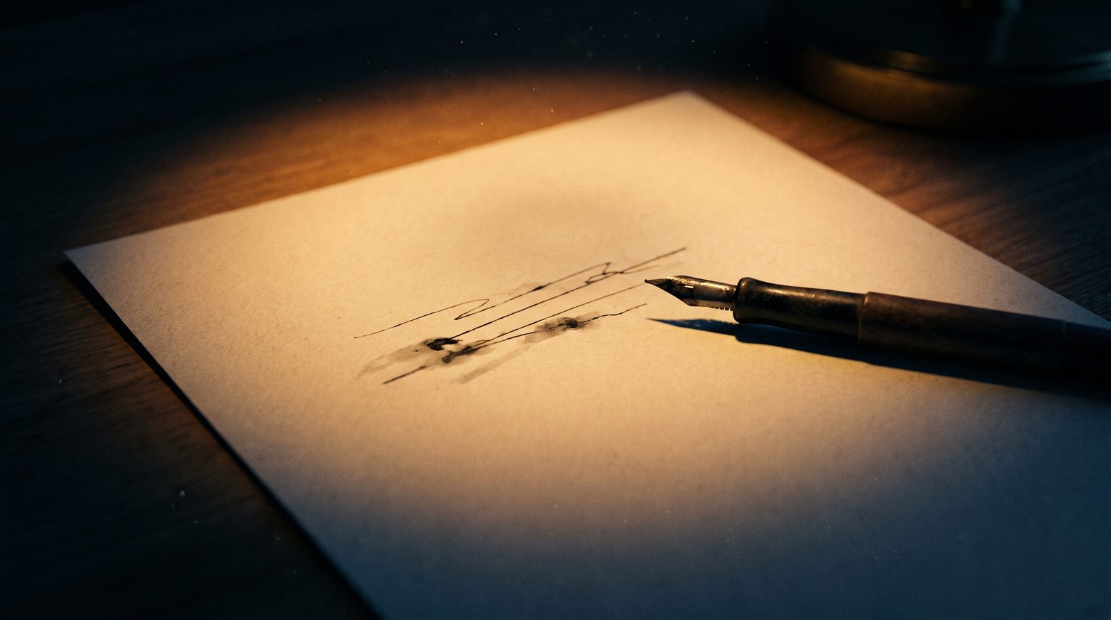 A page under lamplight with a fountain pen resting on it, handwritten lines too soft to read.